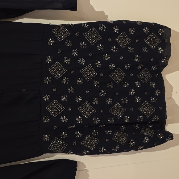 Zara Trafaluc Small Navy Beaded Chiffon V-Neck Sheath Shirt Dress - Picture 3 of 5